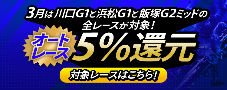 【投票額の5%還元!】3月は川口G1、浜松特別G1と飯塚G2の全レースが対象!