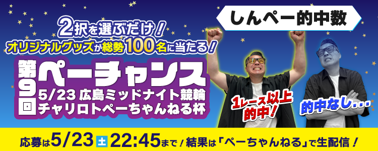 チャリロトペーちゃんねる杯開催記念！【オリジナルグッズが総勢100名に当たる！】2択を選ぶだけペーチャンス！in広島ミッドナイト競輪